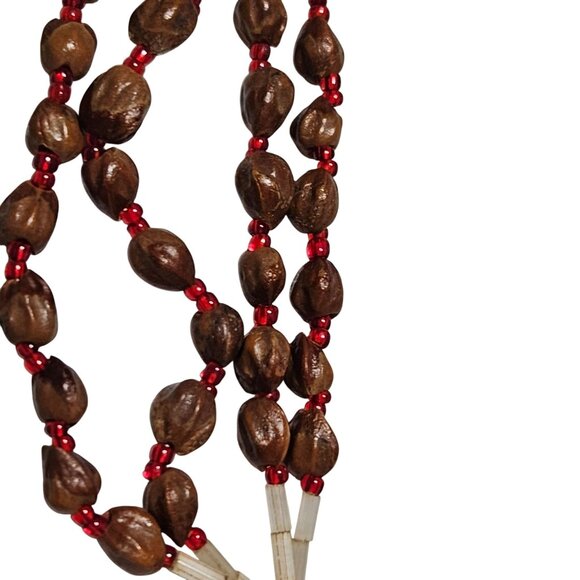 Boho Wooden Beaded Tassel Necklace Red Accent Beads Natural Fashion Jewelry - Picture 3 of 5